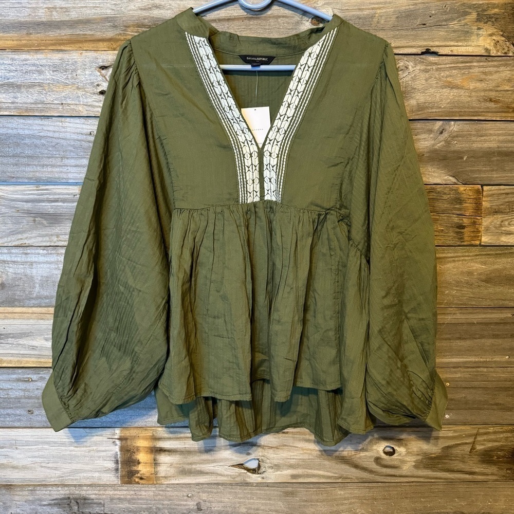 Banana Republic- women’s long sleeve shirt with embroidery- Olive green color
